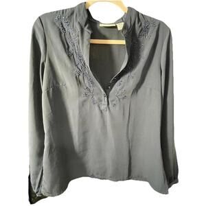 Jaclyn Smith Navy Beaded Blouse Size Small Sheer Long Sleeve